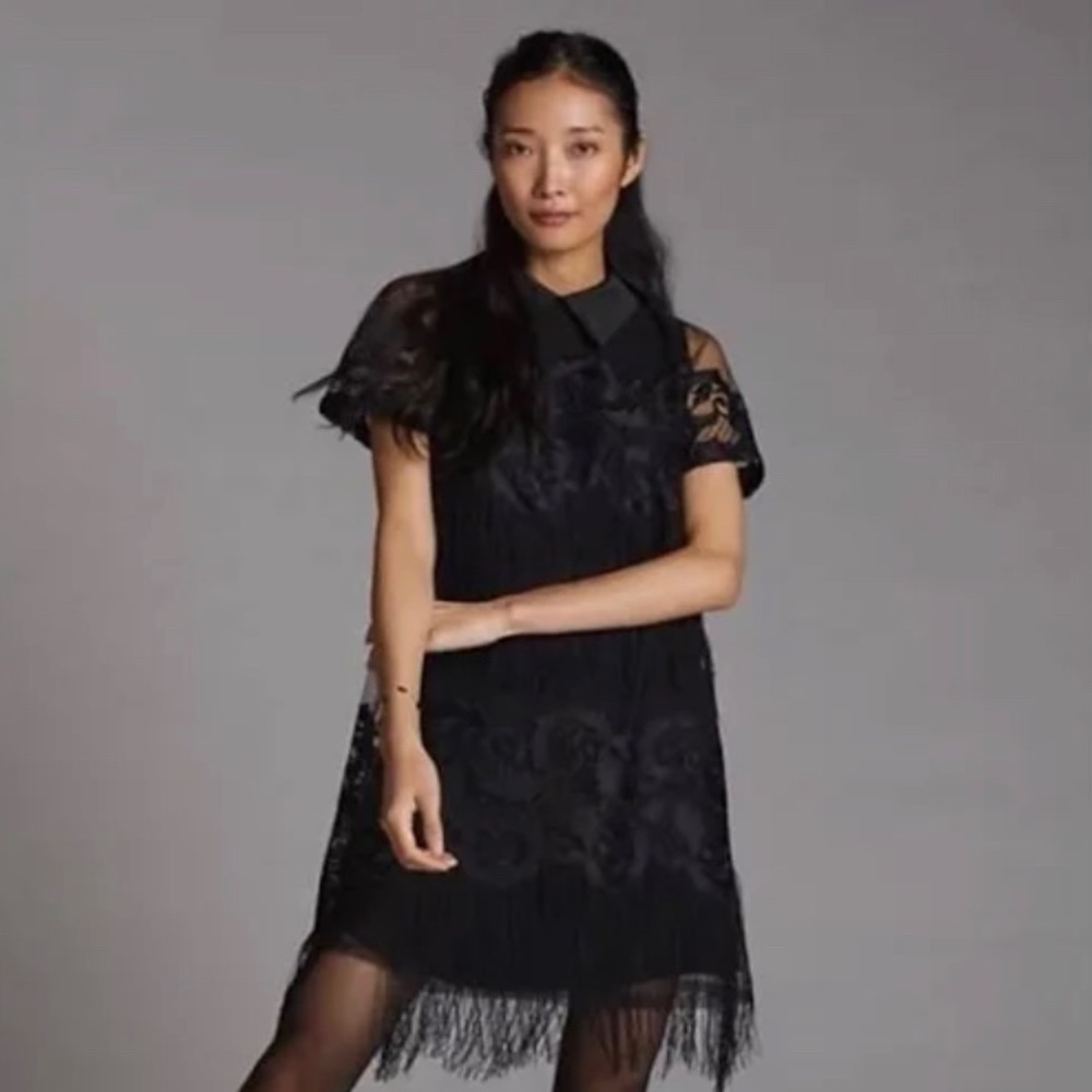 Anthropologie Plus Maeve Fringed Shift Black Mini Dress
